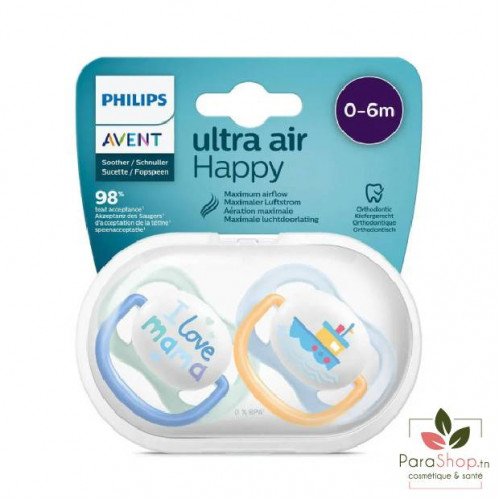 AVENT 2 Sucettes Ultra Air Happy 0-6M - Bleu